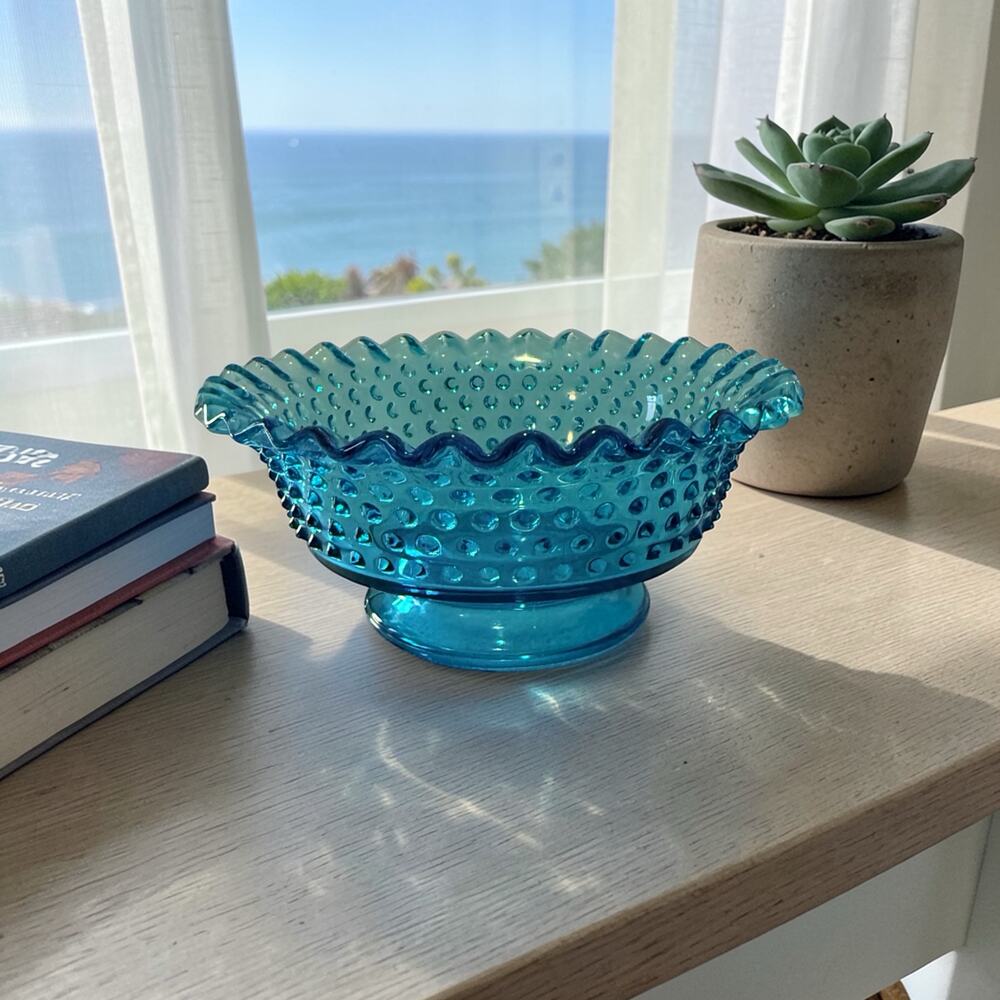 Vintage Fenton Blue Opalescent Hobnail Ruffled Bowl 7.5" Art Glass Mid Century